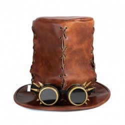 HIBIRETRO Vintage Steampunk Top Hat with Goggles, Hand-Made Leather Funny Party Tall Top Hat, Unisex Costume Props Accessory for Cosplay Halloween and Dress Up - Brown